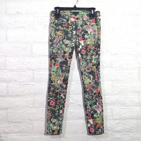 90s Bebe Black Floral Print Skinny Jeans - Picture 4 of 10